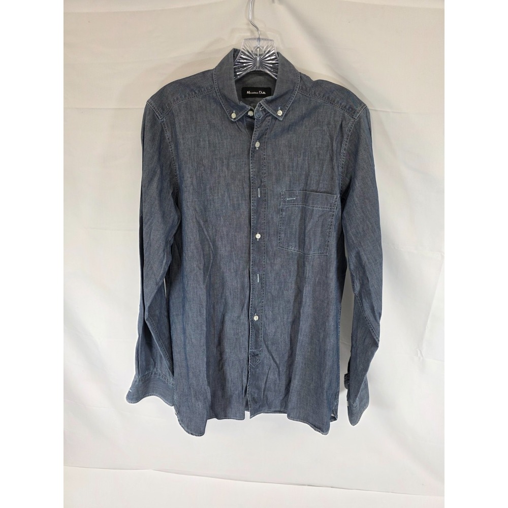 Massimo Dutti Mens Blue Chambray Denim Button‎ Down Shirt Long Sleeve Pocket L